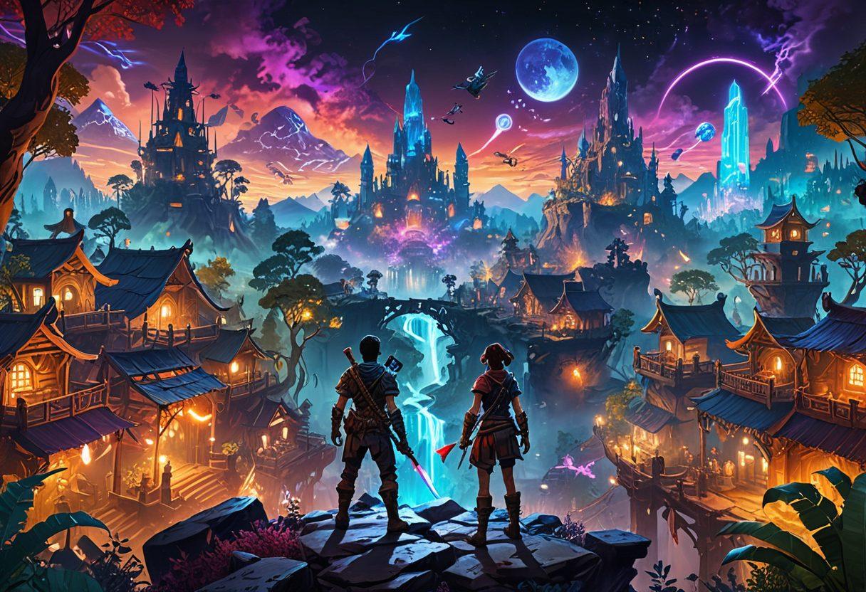 A vivid collage of various interactive adventure game settings: a serene village transforming into a chaotic battlefield, a dark, enchanted forest leading to a futuristic cityscape, and a player holding a controller with a fierce, determined expression. Include iconic game elements like mystical artifacts, epic quest maps, and immersive VR goggles. Lighting should be vibrant and dynamic to capture the intensity and excitement. 3D. vibrant colors.