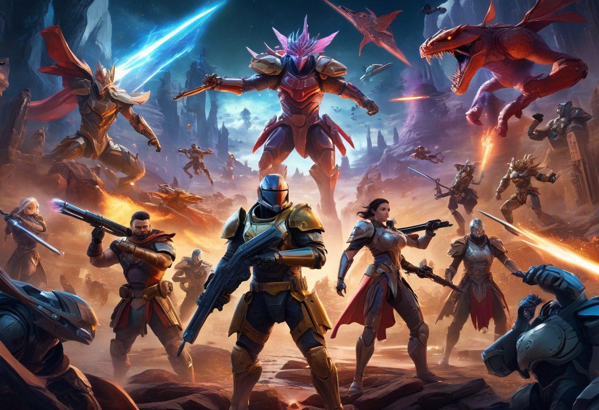 A dynamic collage of cutting-edge gaming scenes, featuring intense battles, grand adventures, and futuristic landscapes. Include characters from various gaming genres: fantasy heroes, sci-fi soldiers, sports icons, and animated mascots. Each game should be identifiable by subtle logos or distinct elements. Style as a high-energy, vibrant, and engaging digital artwork. vibrant colors. 3D.