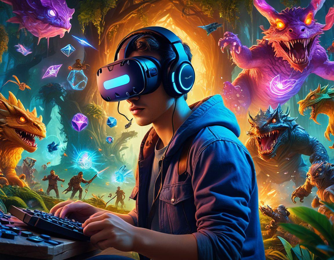 A dynamic collage of various gaming experiences across different platforms: a gamer with a VR headset immersed in a futuristic world, a console gamer in an intense battle scene, a PC gamer engaged in a high-fantasy RPG, and a mobile gamer mastering a puzzle game. Each scene should highlight vibrant gameplay elements with characters, action, and vibrant backgrounds. vector art, vibrant colors, high energy.